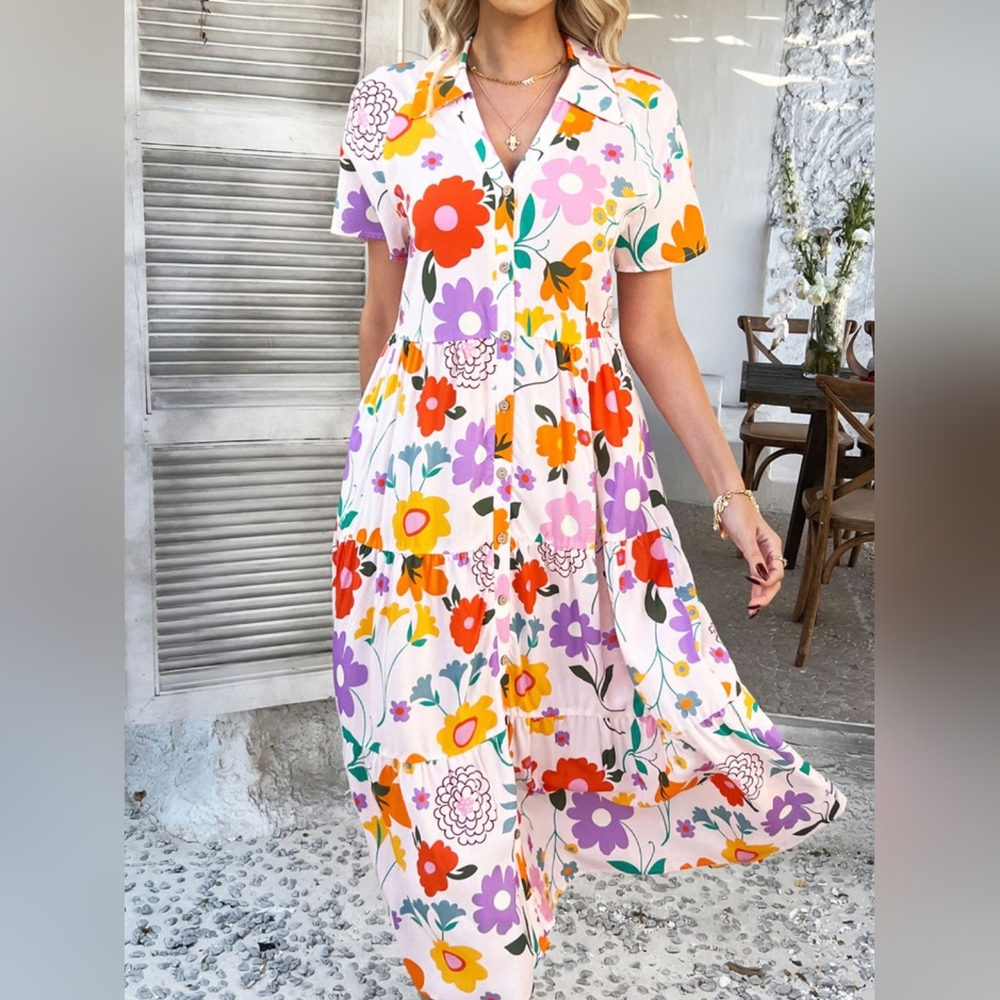 NWT - Boutique - Johnny Collar Multi Color Floral  Midi Shirt Dress - Size XL